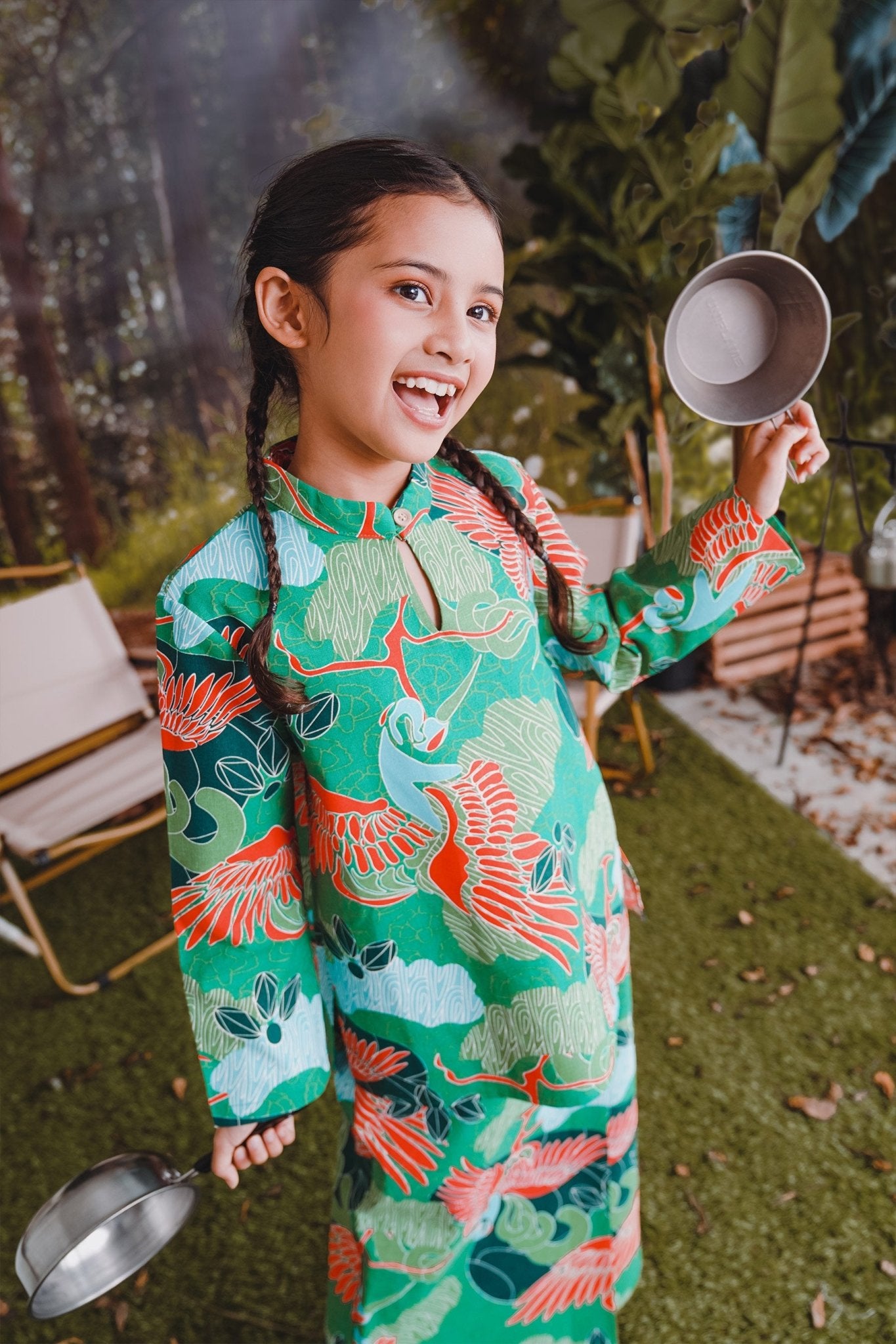 The Rimba Raya Girl Mandarin Collar Kurung Top Rimba Print - Umbi