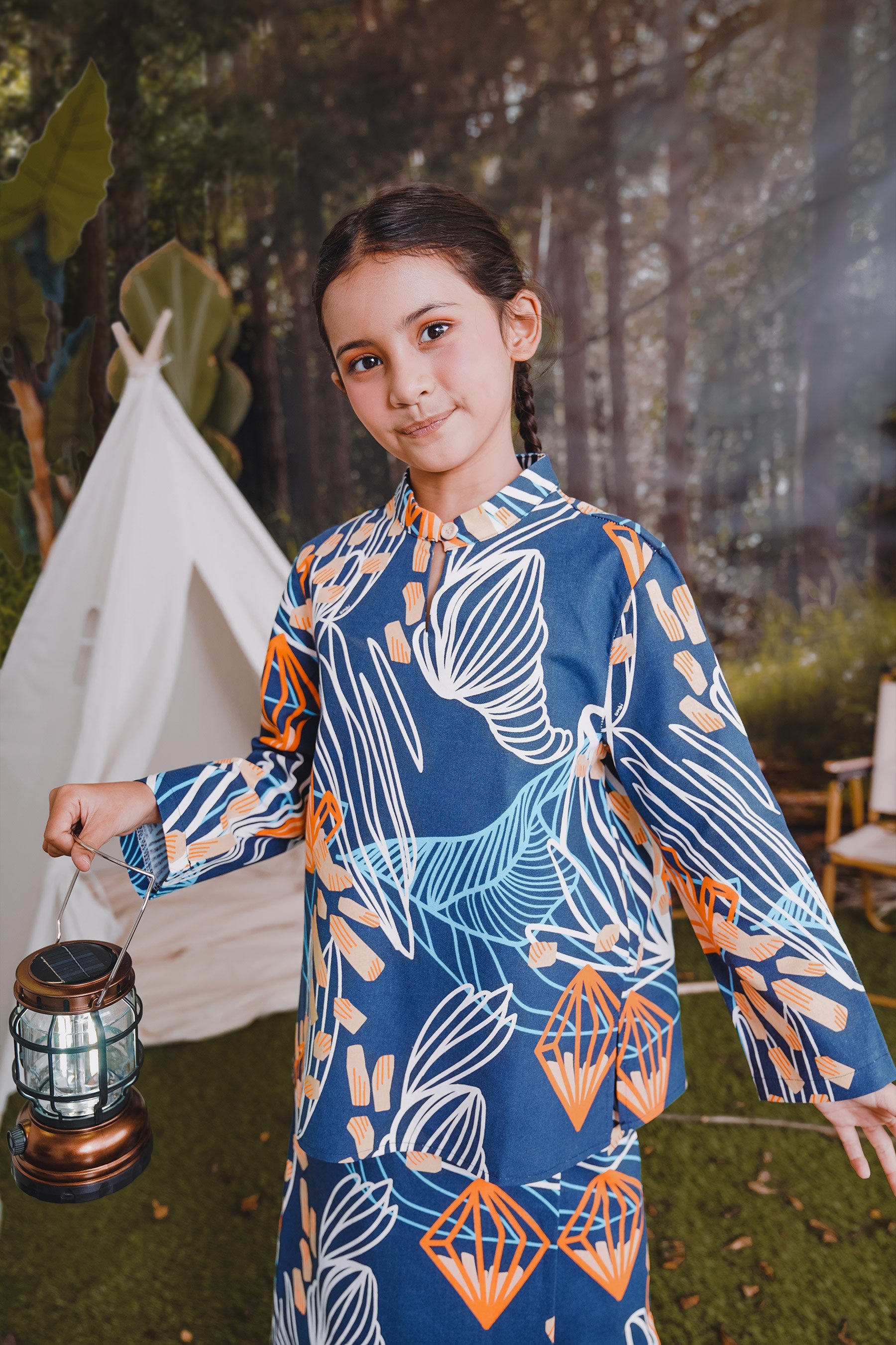 The Rimba Raya Girl Mandarin Collar Kurung Top Senja Print