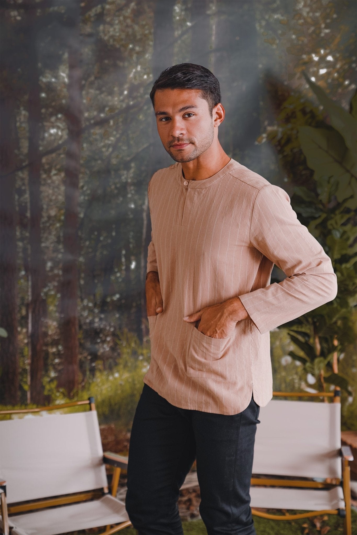The Rimba Raya Men Modern Teluk Belanga Top Caramel Stripes - Umbi