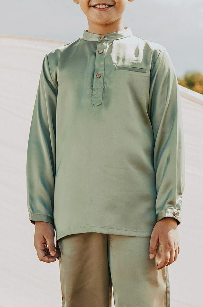The Shawwal Collection Boy Baju Melayu Set Matcha Green Satin - Umbi