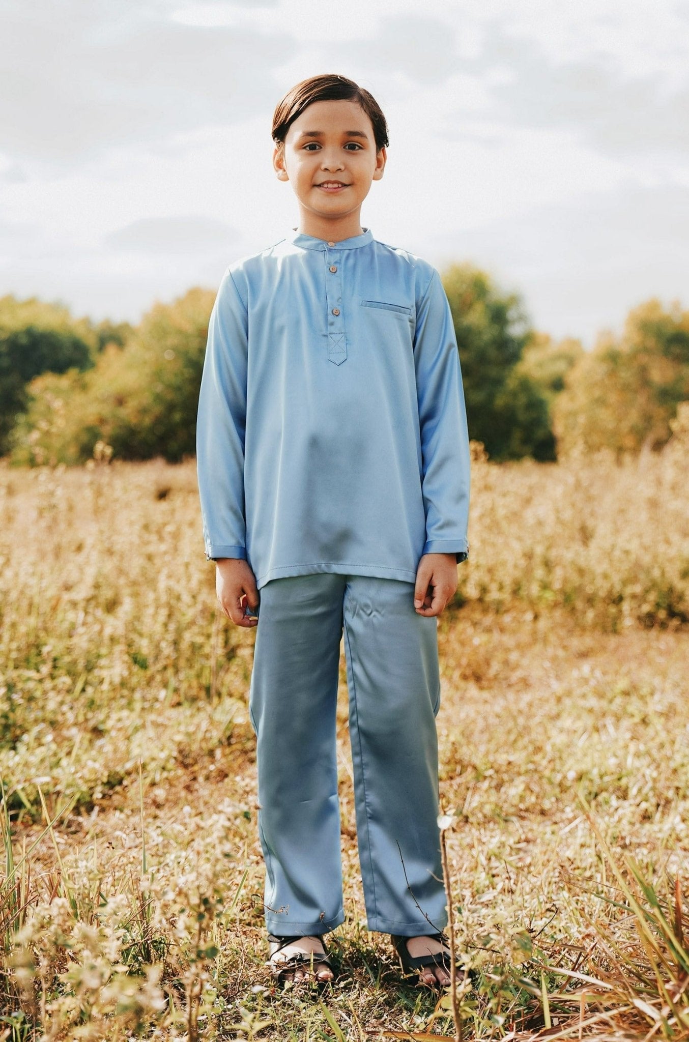 The Shawwal Collection Boy Baju Melayu Set Pigeon Blue Satin - Umbi