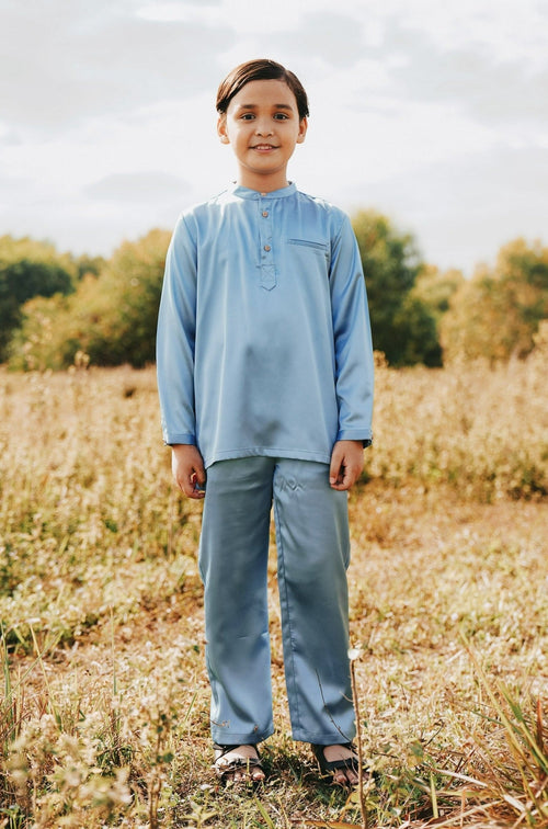 The Shawwal Collection Boy Baju Melayu Set Pigeon Blue Satin