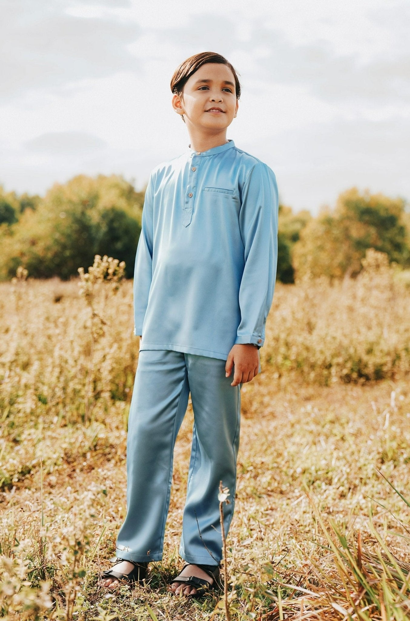 The Shawwal Collection Boy Baju Melayu Set Pigeon Blue Satin - Umbi