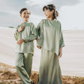 The Shawwal Collection Girl Kaftan Set Matcha Green Satin - Umbi