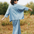 The Shawwal Collection Girl Kaftan Set Pigeon Blue Satin - Umbi