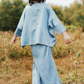 The Shawwal Collection Girl Kaftan Set Pigeon Blue Satin - Umbi