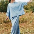 The Shawwal Collection Girl Kaftan Set Pigeon Blue Satin - Umbi
