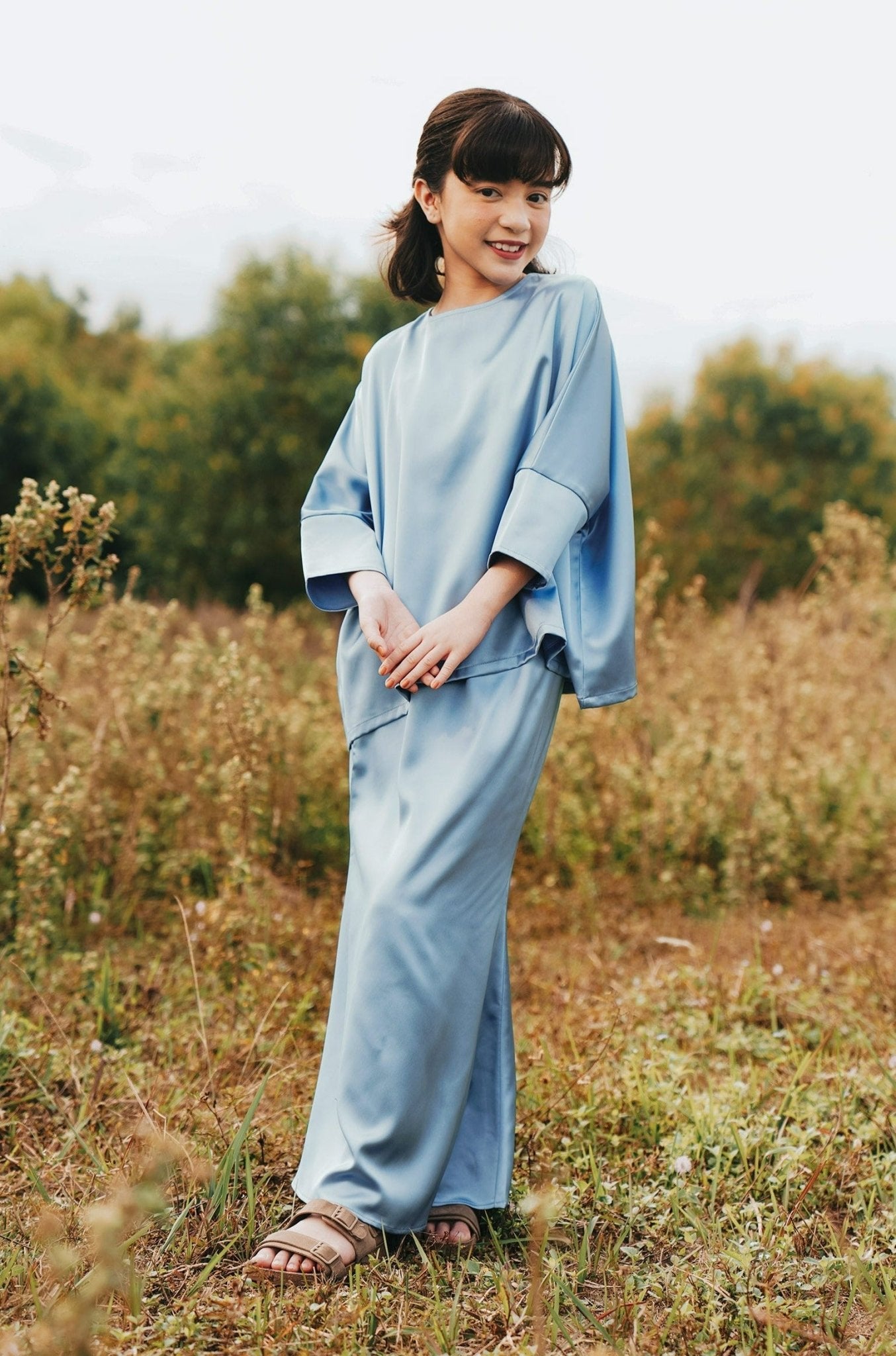 The Shawwal Collection Girl Kaftan Set Pigeon Blue Satin - Umbi