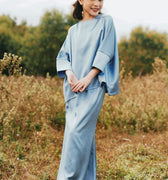 The Shawwal Collection Girl Kaftan Set Pigeon Blue Satin - Umbi