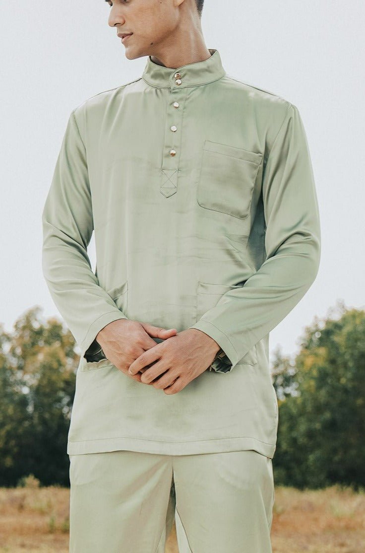 The Shawwal Collection Men Baju Melayu Set Matcha Green Satin - Umbi