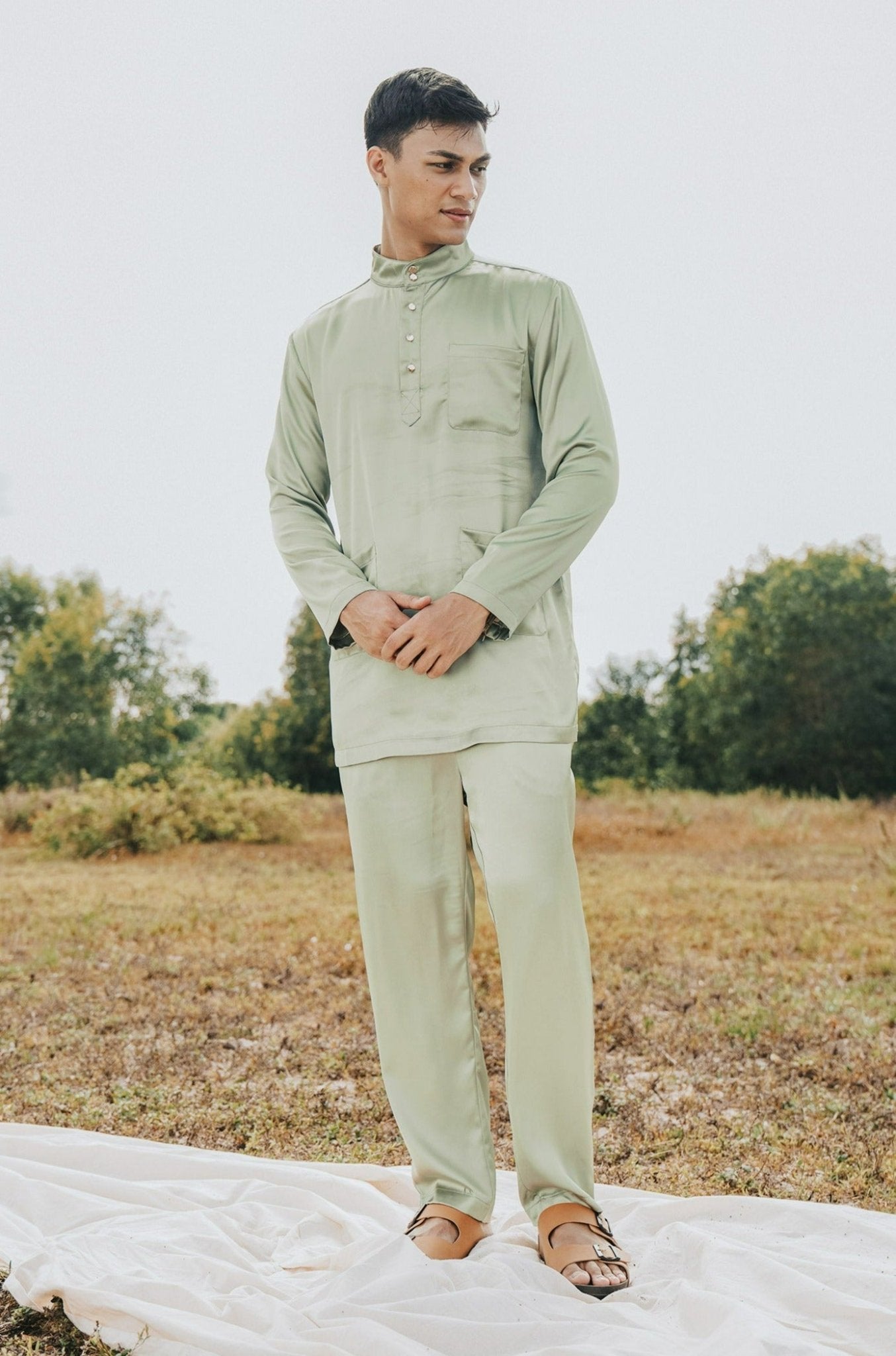 The Shawwal Collection Men Baju Melayu Set Matcha Green Satin - Umbi