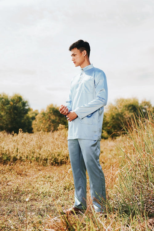 The Shawwal Collection Men Baju Melayu Set Pigeon Blue Satin