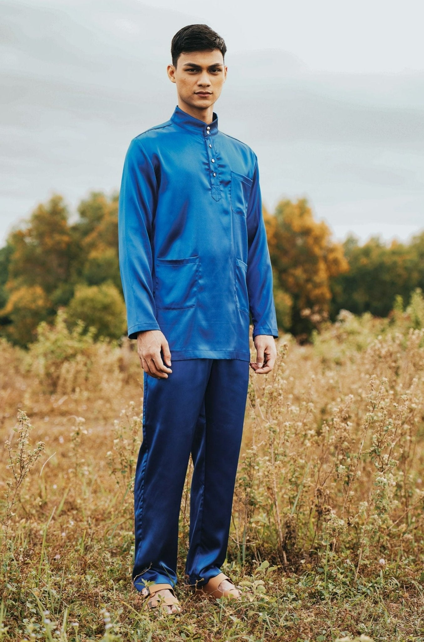 The Shawwal Collection Men Baju Melayu Set Royal Blue Satin - Umbi