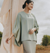 The Shawwal Collection Women Kaftan Blouse Matcha Green Satin - Umbi