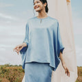 The Shawwal Collection Women Kaftan Blouse Pigeon Blue Satin - Umbi