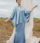 The Shawwal Collection Women Kaftan Blouse Pigeon Blue Satin - Umbi