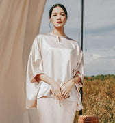 The Shawwal Collection Women Kaftan Blouse Sand Satin - Umbi
