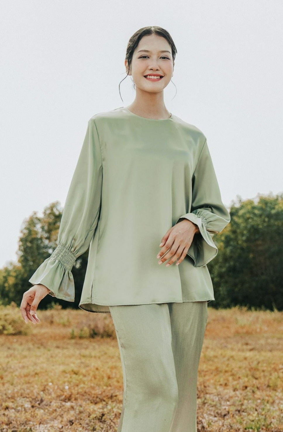The Shawwal Collection Women Ruffle Sleeves Blouse Matcha Green Satin - Umbi
