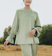 The Shawwal Collection Women Ruffle Sleeves Blouse Matcha Green Satin - Umbi
