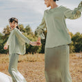 The Shawwal Collection Women Ruffle Sleeves Blouse Matcha Green Satin - Umbi