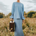 The Shawwal Collection Women Ruffle Sleeves Blouse Pigeon Blue Satin - Umbi