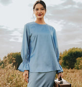 The Shawwal Collection Women Ruffle Sleeves Blouse Pigeon Blue Satin - Umbi