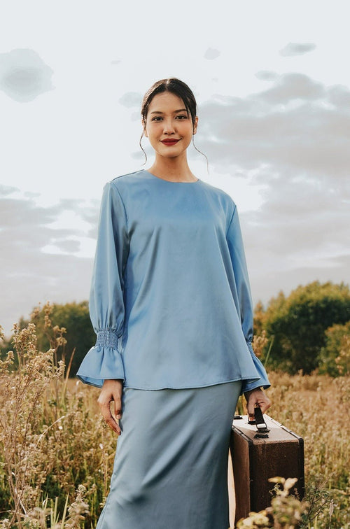 The Shawwal Collection Women Ruffle Sleeves Blouse Pigeon Blue Satin