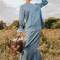 The Shawwal Collection Women Ruffle Sleeves Blouse Pigeon Blue Satin - Umbi