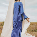 The Shawwal Collection Women Ruffle Sleeves Blouse Royal Blue Satin - Umbi