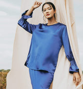 The Shawwal Collection Women Ruffle Sleeves Blouse Royal Blue Satin - Umbi