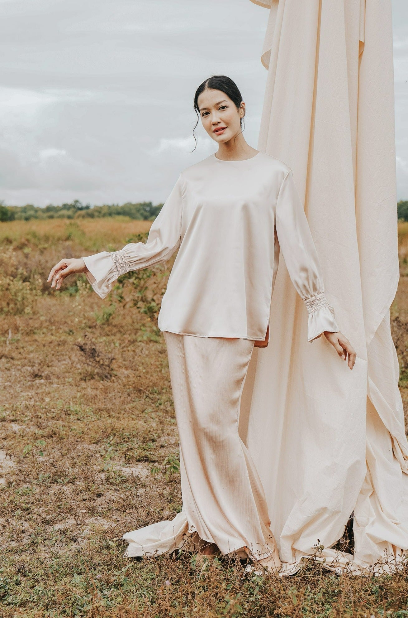 The Shawwal Collection Women Ruffle Sleeves Blouse Sand Satin - Umbi