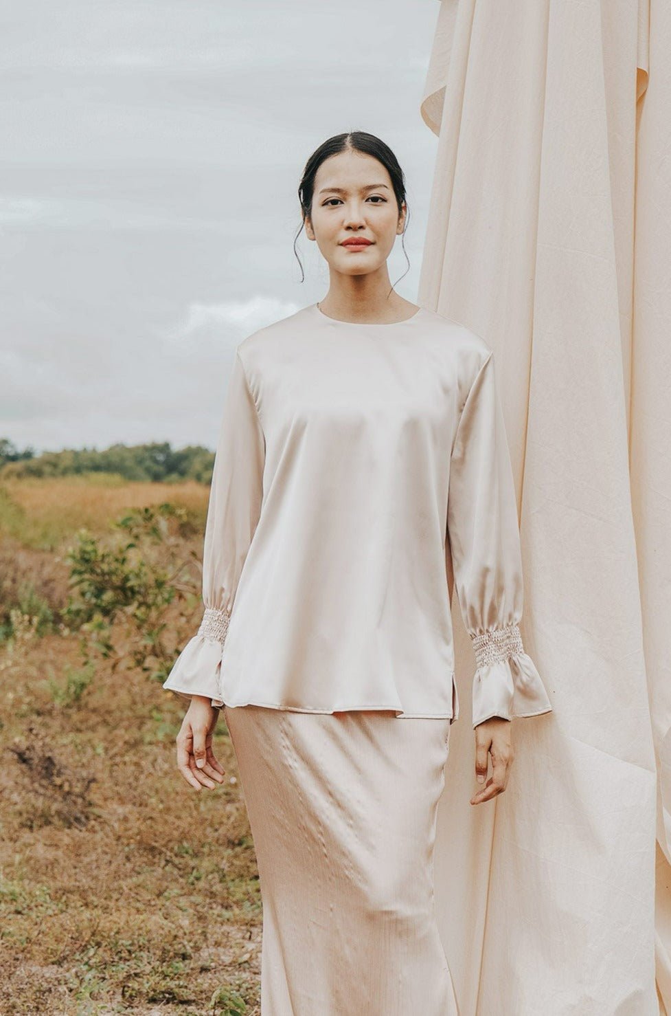 The Shawwal Collection Women Ruffle Sleeves Blouse Sand Satin - Umbi