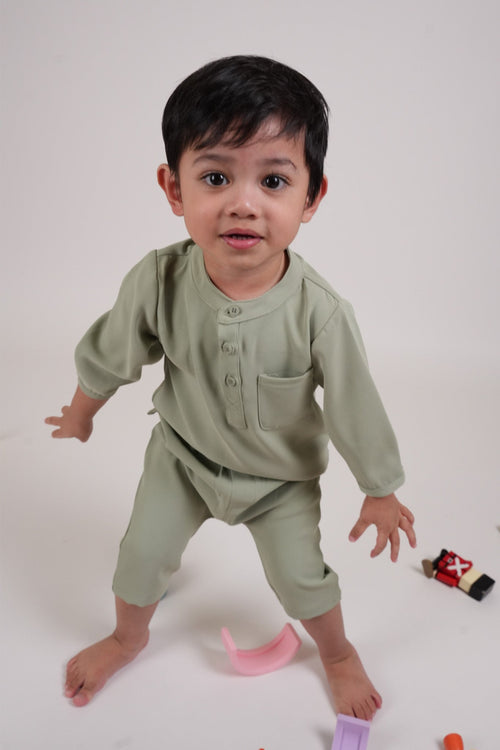 The Warisan Raya Baby Baju Melayu Set Sage Green