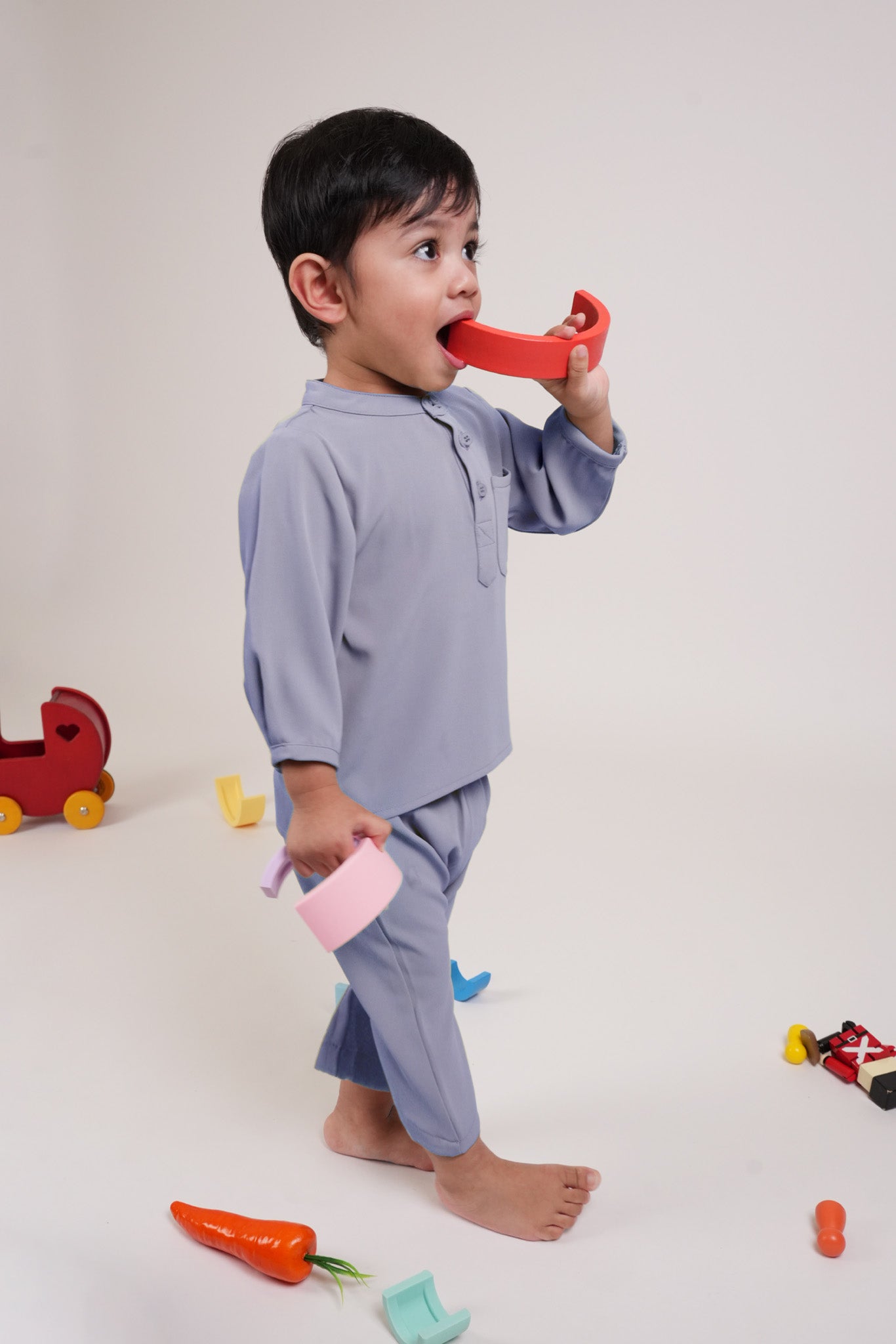 The Warisan Raya Baby Baju Melayu Set Stone Blue - Umbi