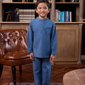 little boy standing pose donning boy baju melayu set steel blue