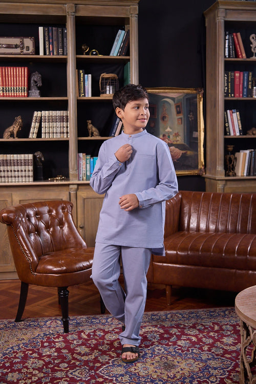 The Warisan Raya Boy Baju Melayu Set Stone Blue