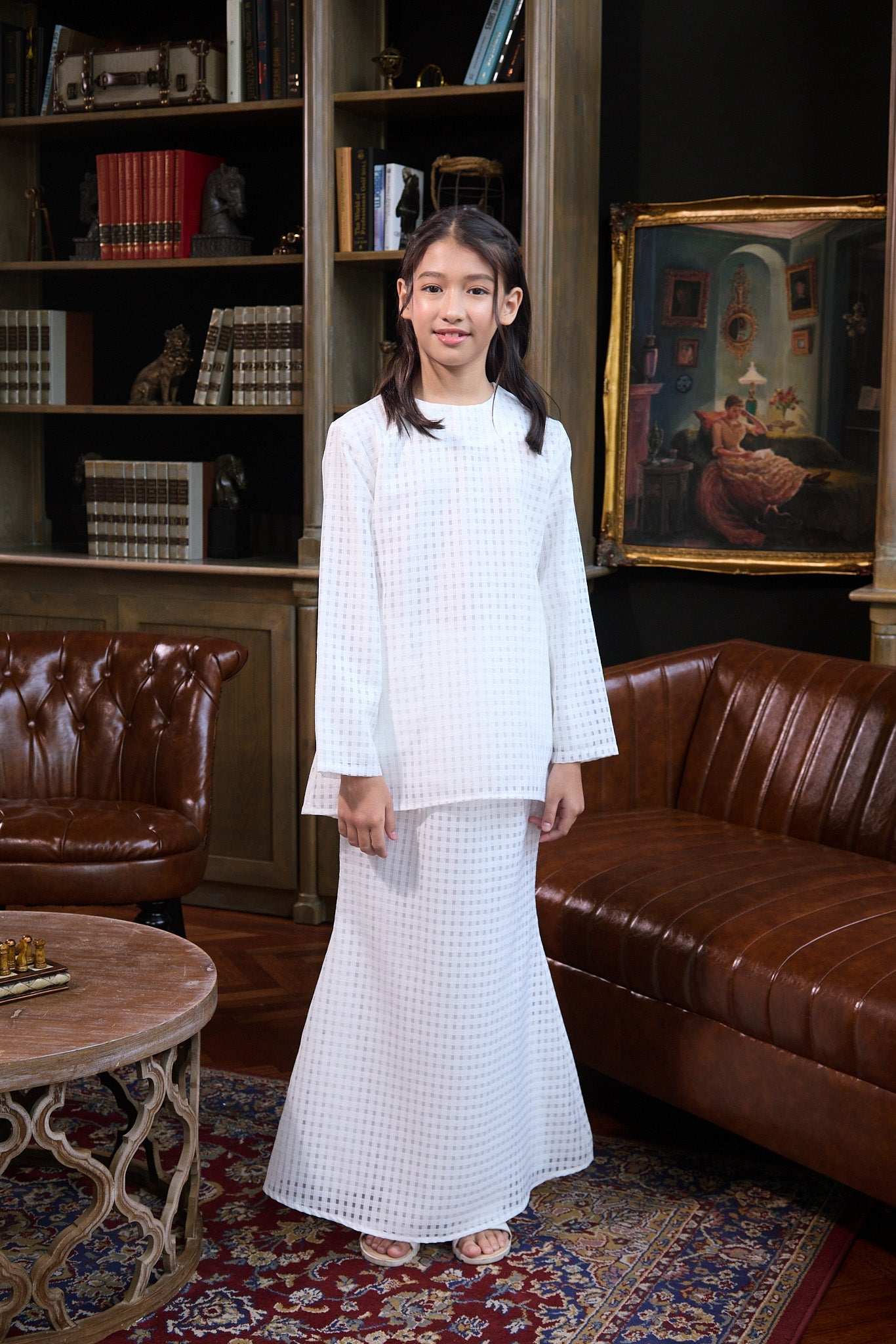 The Warisan Raya Girl Fitted Kurung Set Checked White - Umbi