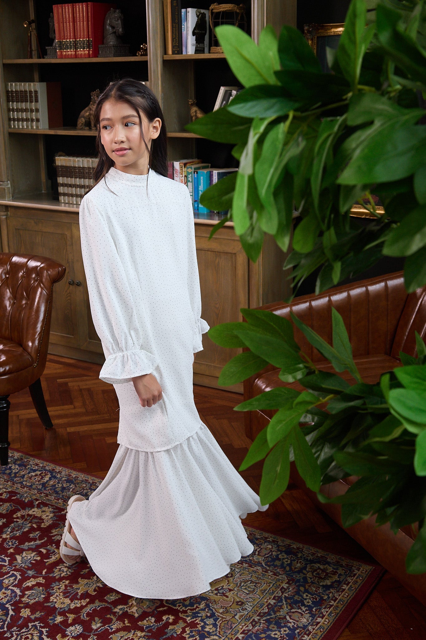 The Warisan Raya Girl Jasmine Kurung Set White Polka Dot - Umbi