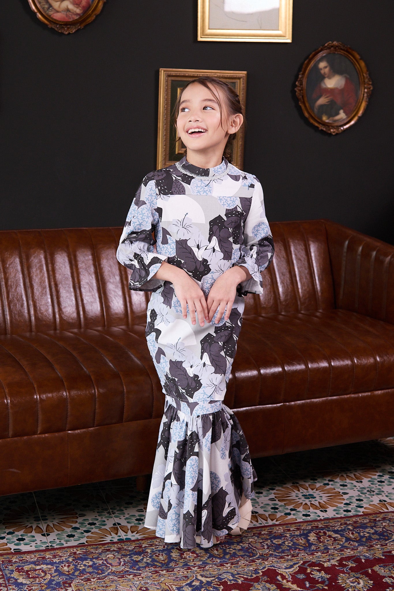 The Warisan Raya Girl Jasmine Kurung Set Bunga Raya Print