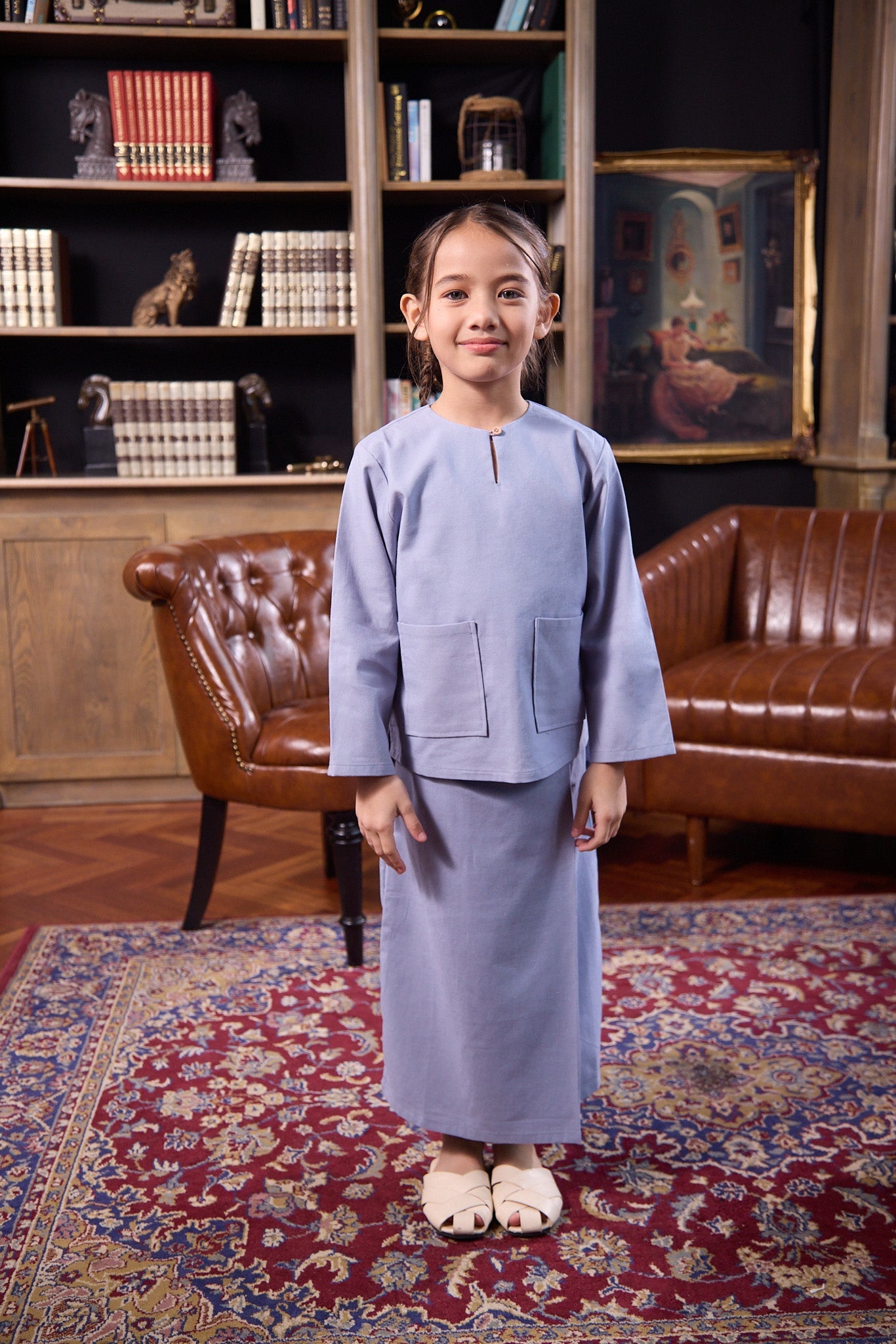 The Warisan Raya Girl Kurung Top Stone Blue - Umbi