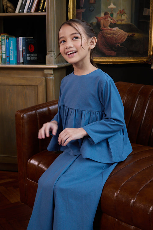 The Warisan Raya Girl Ruffle Blouse Steel Blue