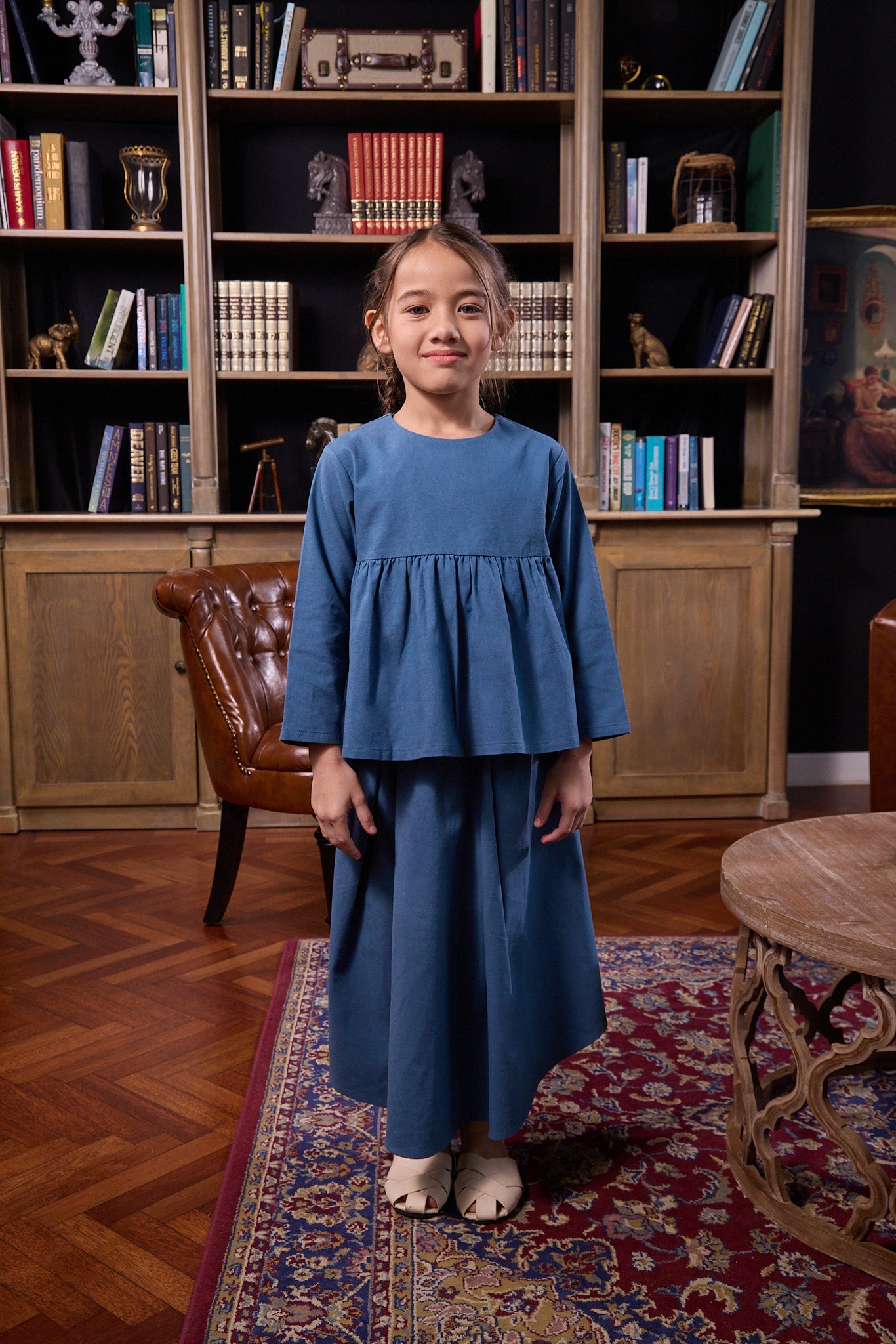 The Warisan Raya Girl Ruffle Blouse Steel Blue