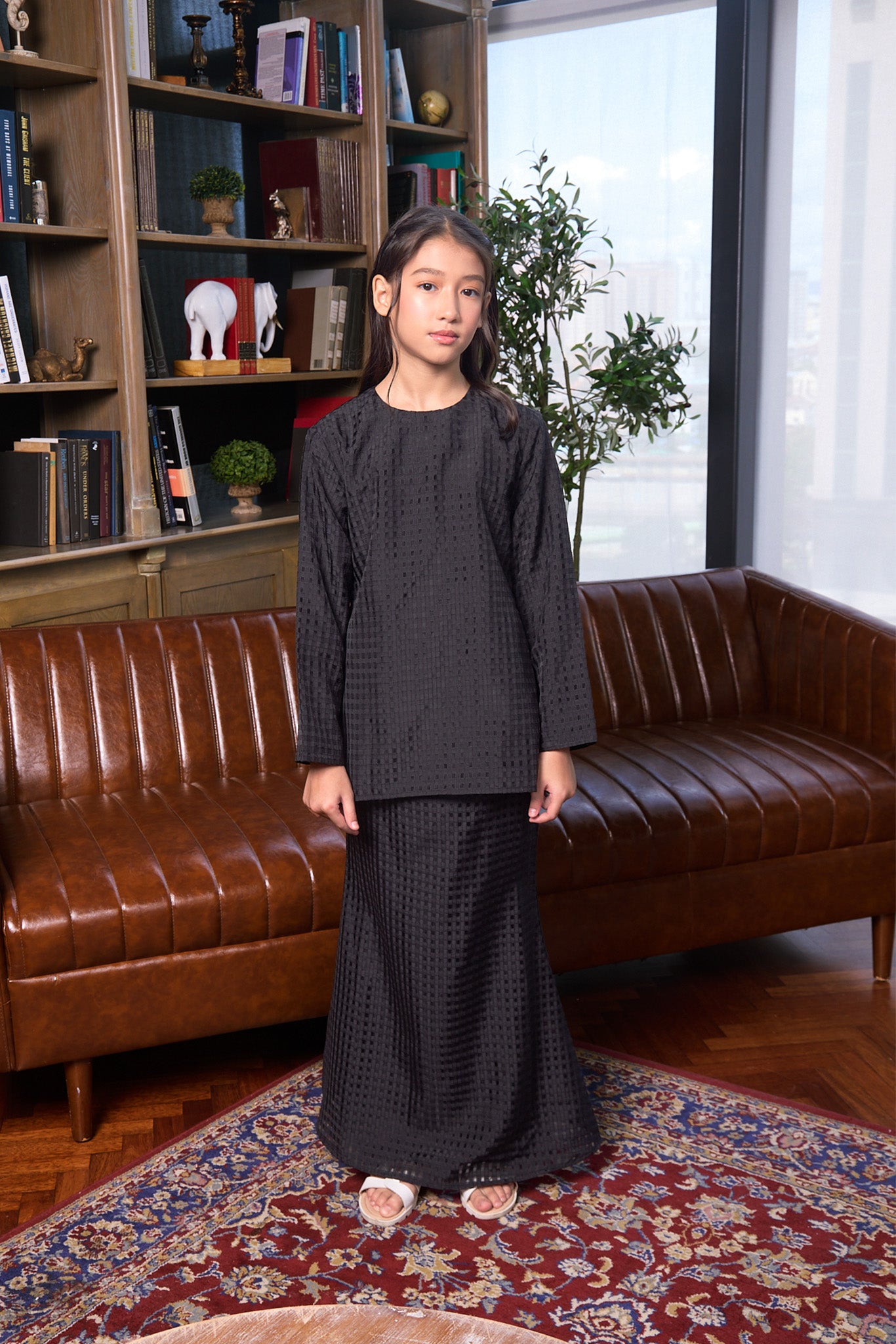 The Warisan Raya Girl Fitted Kurung Set Checked Black