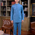 men standing pose wearing baju melayu set steel blue