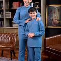 men and boy posing together in traditional baju melayu set steel blue 