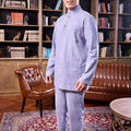 men posing standing sideways in baju melayu set stone blue