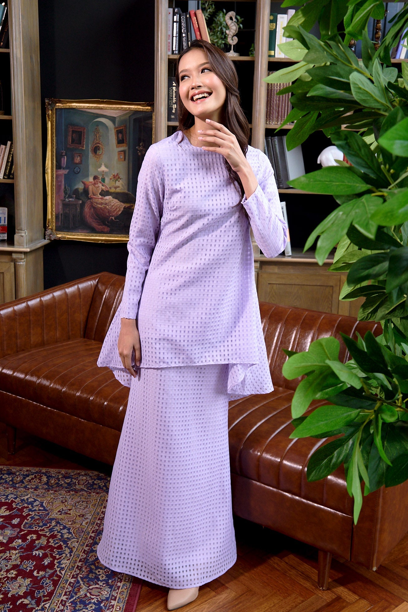 The Warisan Raya Women Fitted Kurung Set Checked Lilac - Umbi
