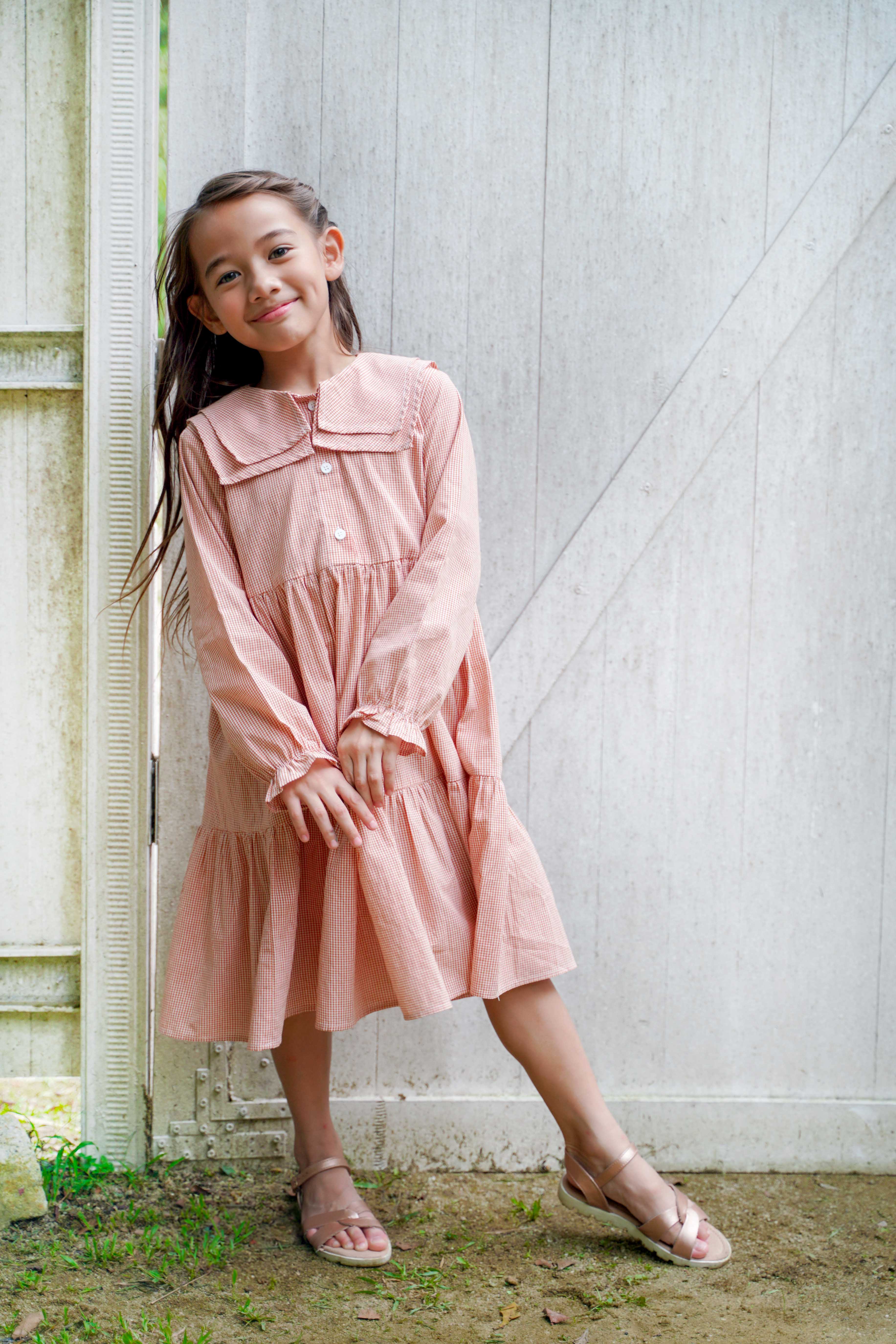 5-6 years old girl posing in checked red dress