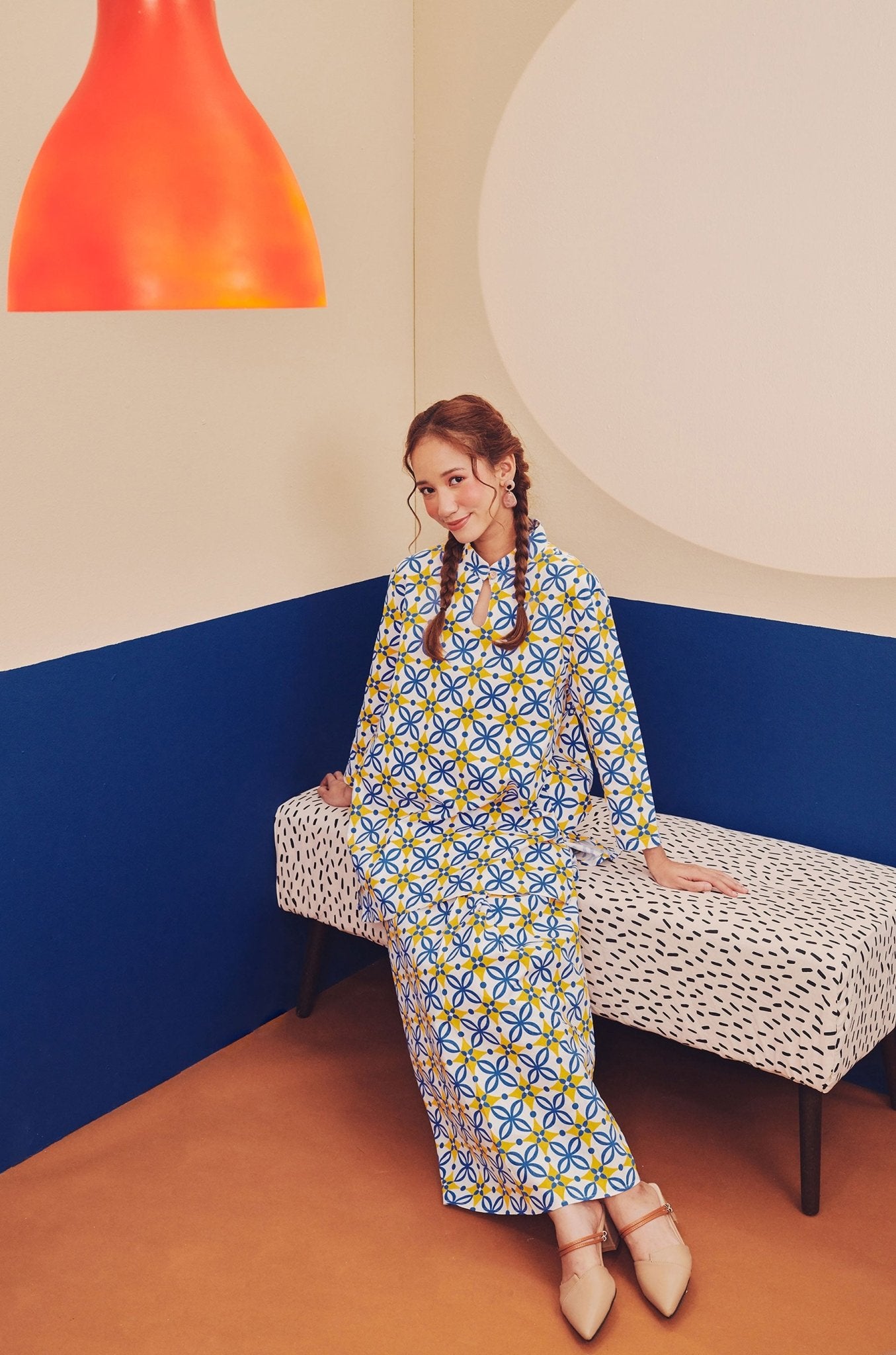 Women Mandarin Collar Kurung Blouse Popcorn Print - Umbi