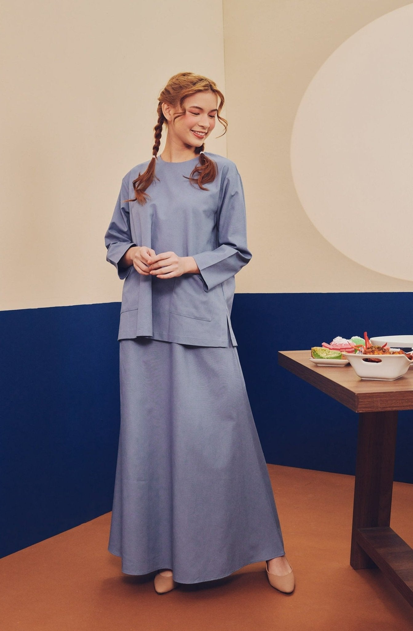 Women Pair Pockets Boxy Blouse Pigeon Blue - Umbi